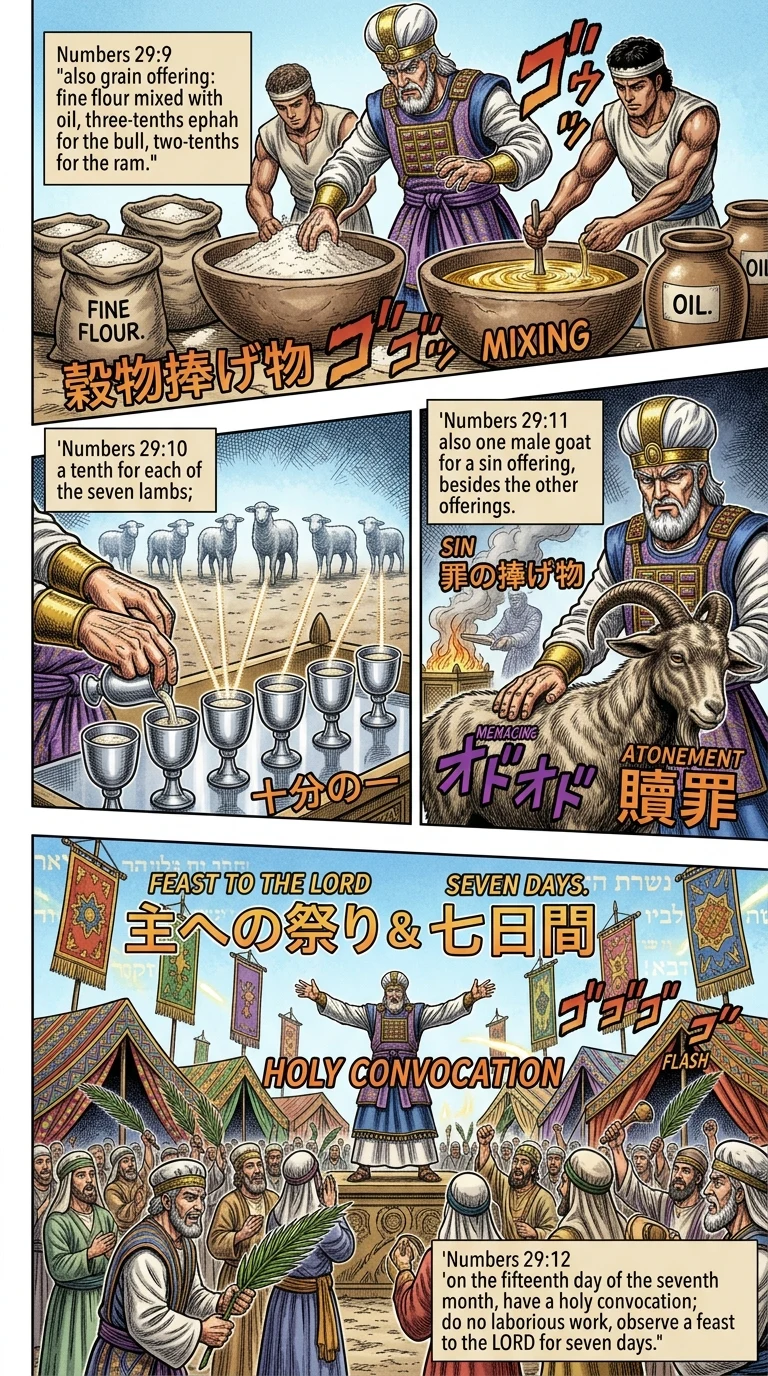 Numbers 29 illustration: Atonement Sacrifices and Booths Feast Begins