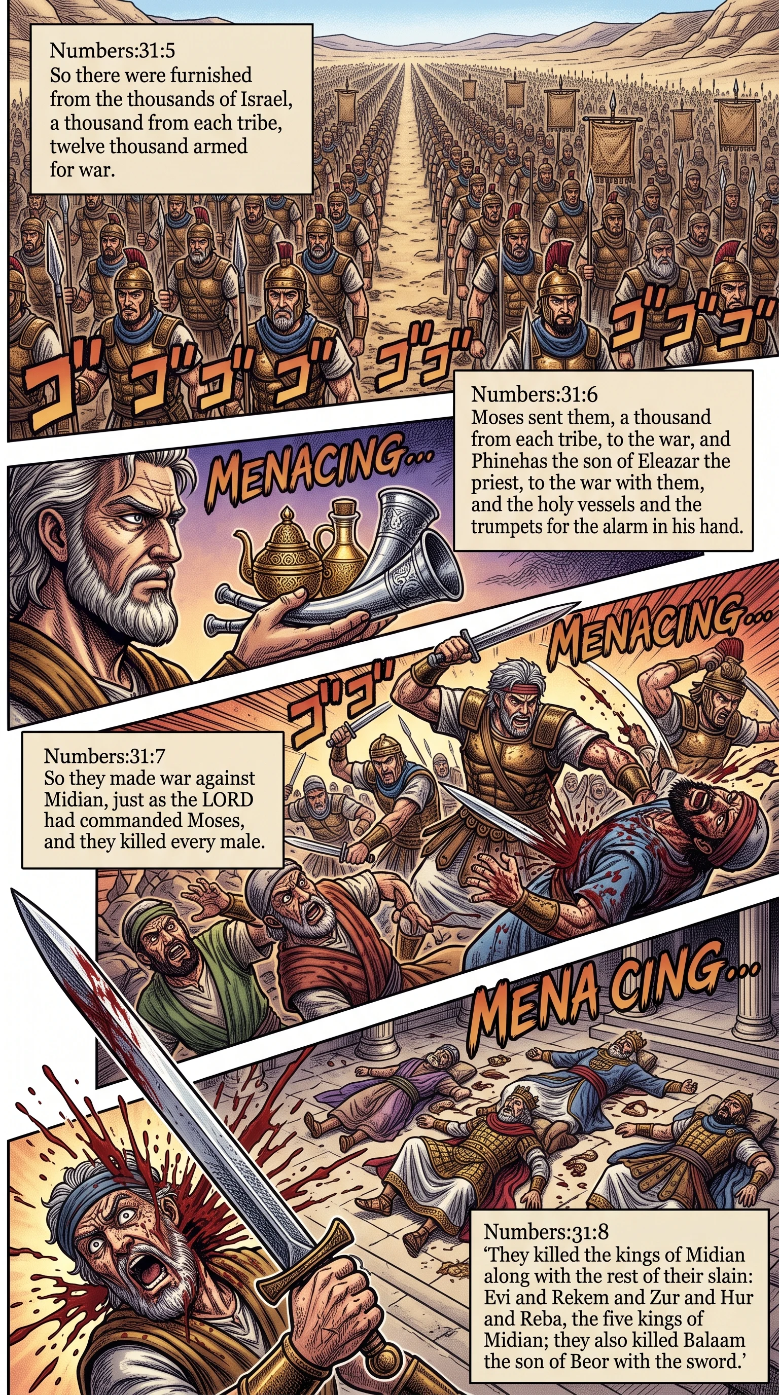 Numbers 31 illustration: Midianite Kings and Balaam Slain