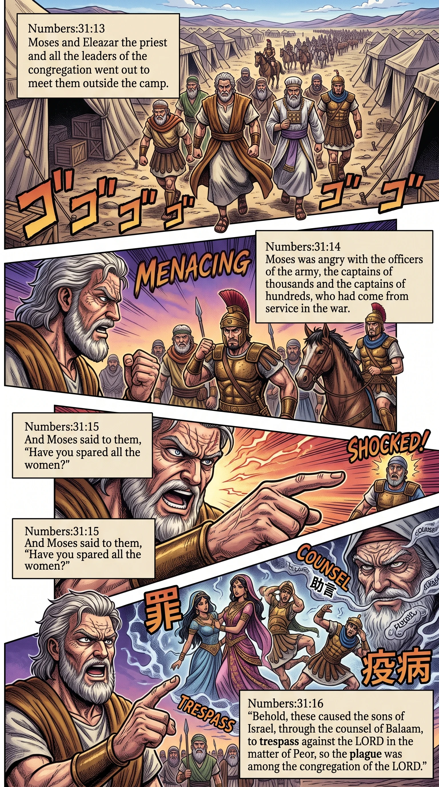 Numbers 31 illustration: Moses Rebukes Officers for Sparing Women