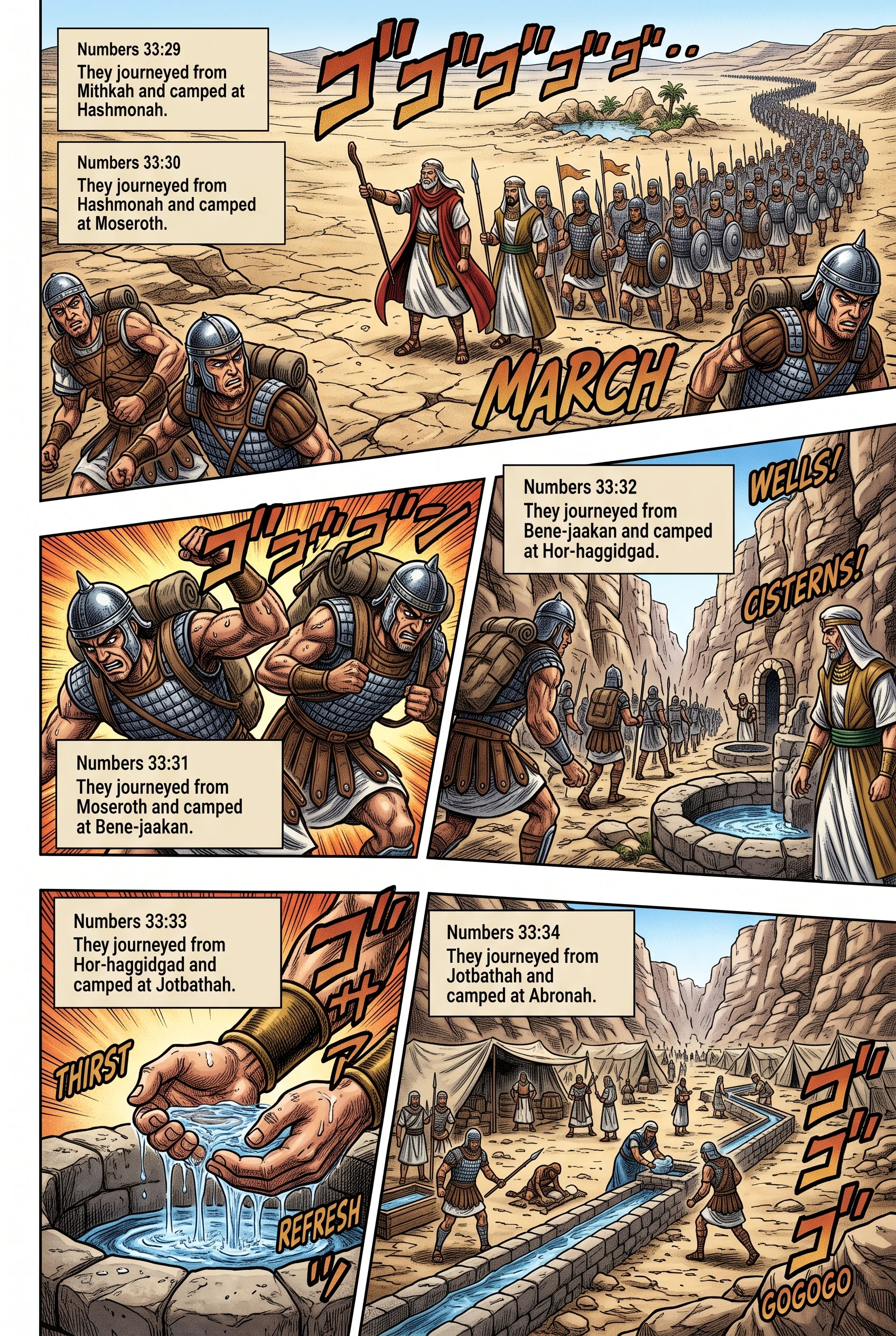 Numbers 33 illustration: Journey from Hashmonah to Abronah Camps
